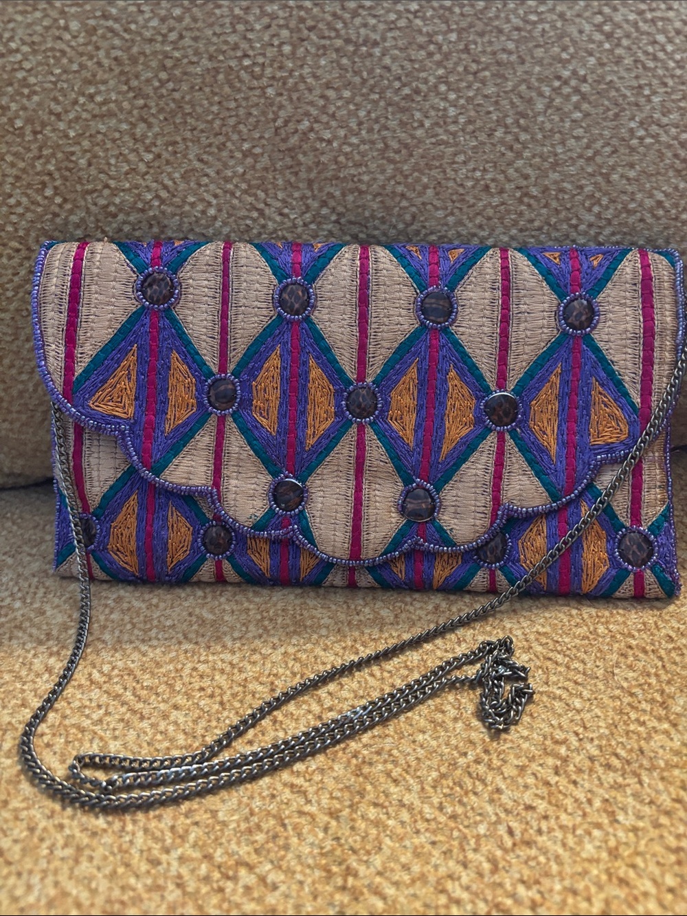 Embroidered Geometric Envelope Clutch in Beige with Purple & Teal Accents